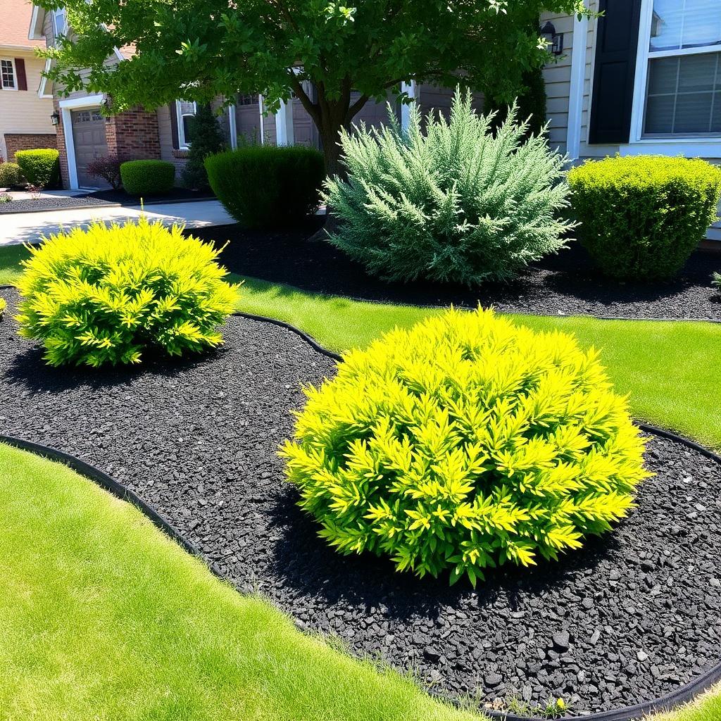 Fresh black mulch beds with bright shrubs