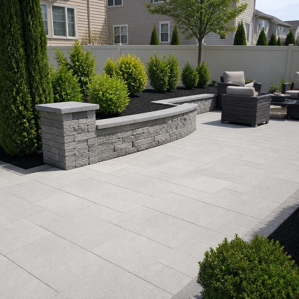 Paver patio with stacked stone accent wall
