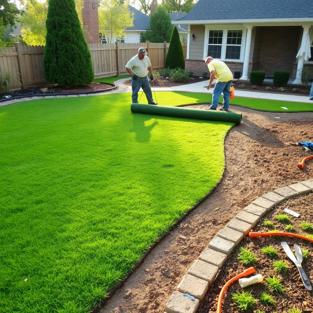 Crew laying rolls of fresh sod in a front yard